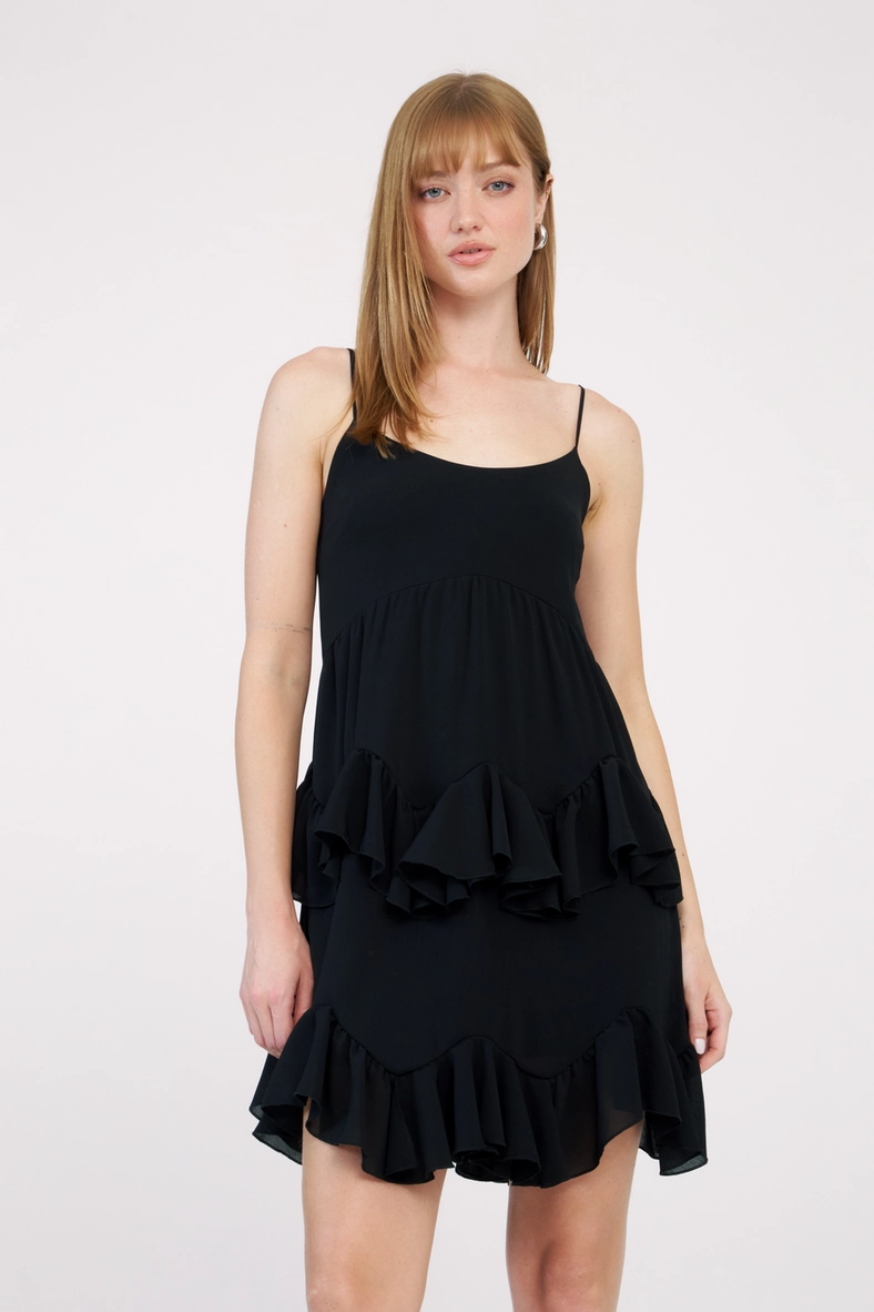 Vestido Curto Comfort Com Babados Preto 3