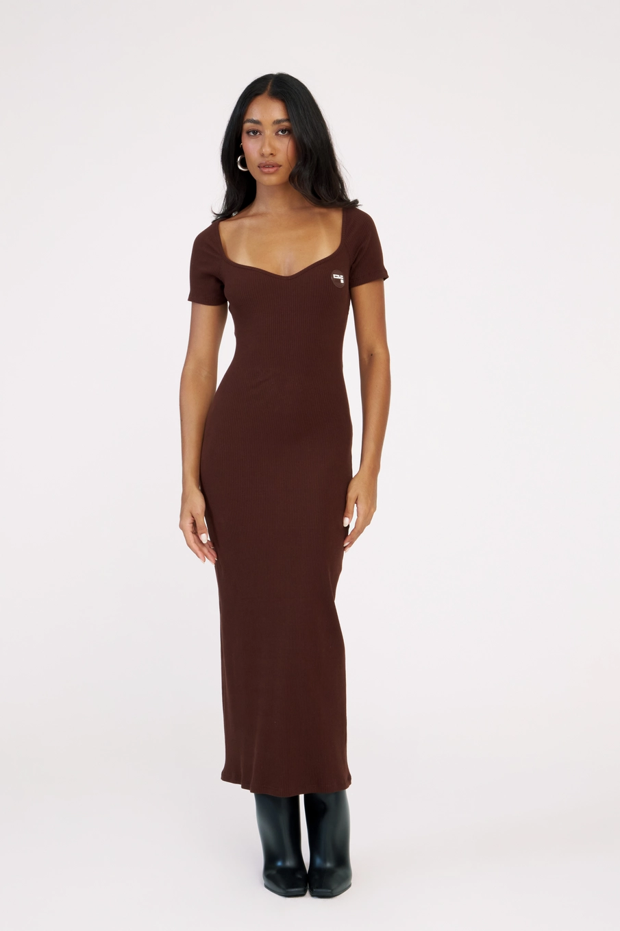 Vestido Maxi Midi Small Canelado Com Elástico Marrom 1