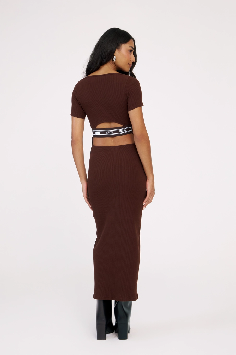 Vestido Maxi Midi Small Canelado Com Elástico Marrom 2