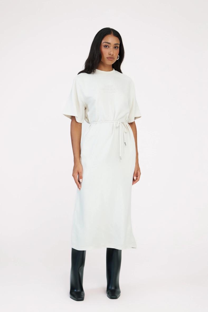 Vestido T-shirt Midi Comfort Com Amarração Bege Italian 1