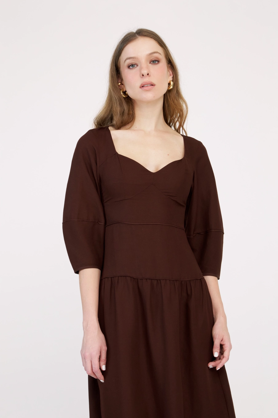 Vestido Midi Decote Coração E Mangas Balonê Marrom 3
