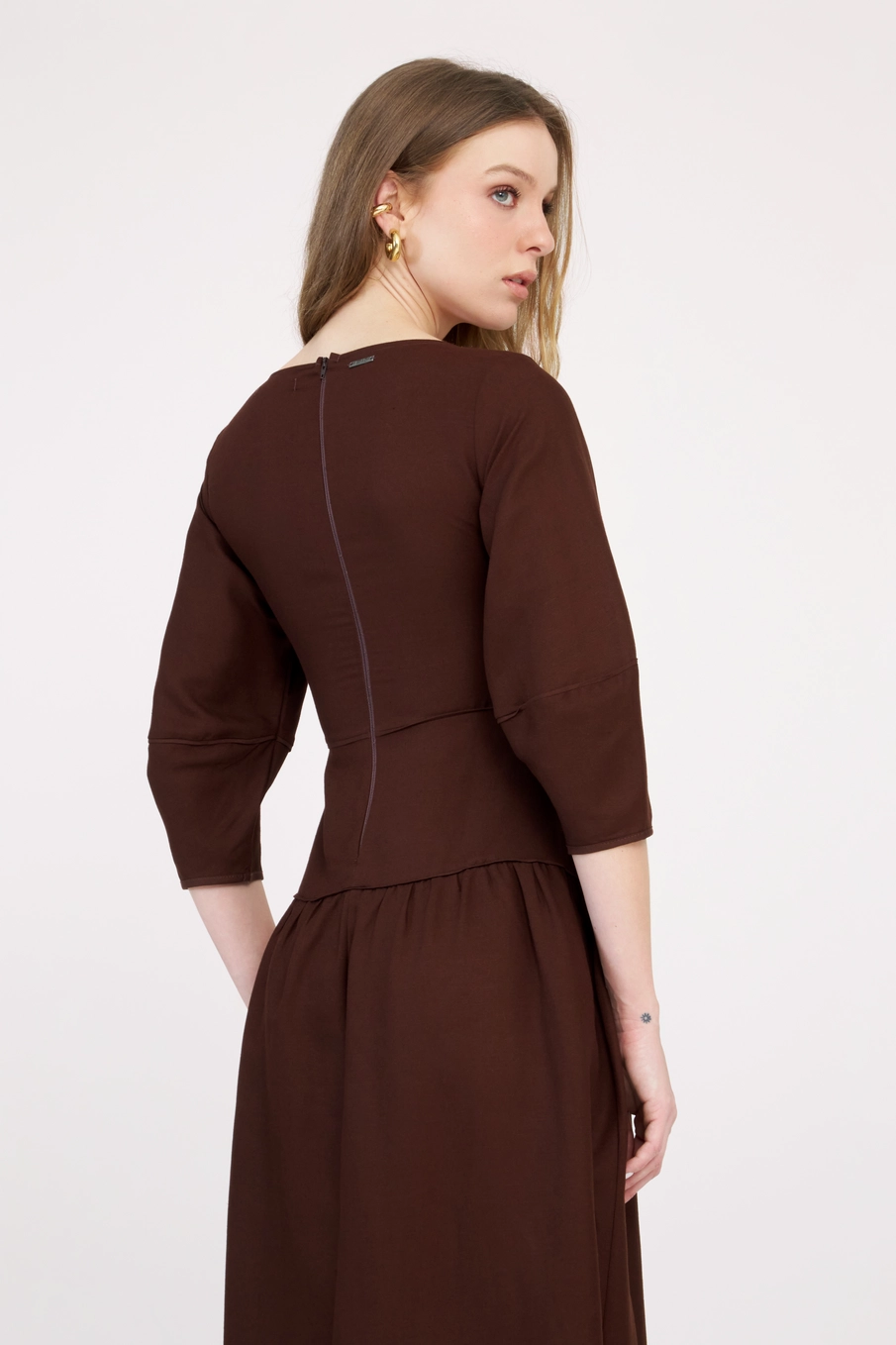 Vestido Midi Decote Coração E Mangas Balonê Marrom 4