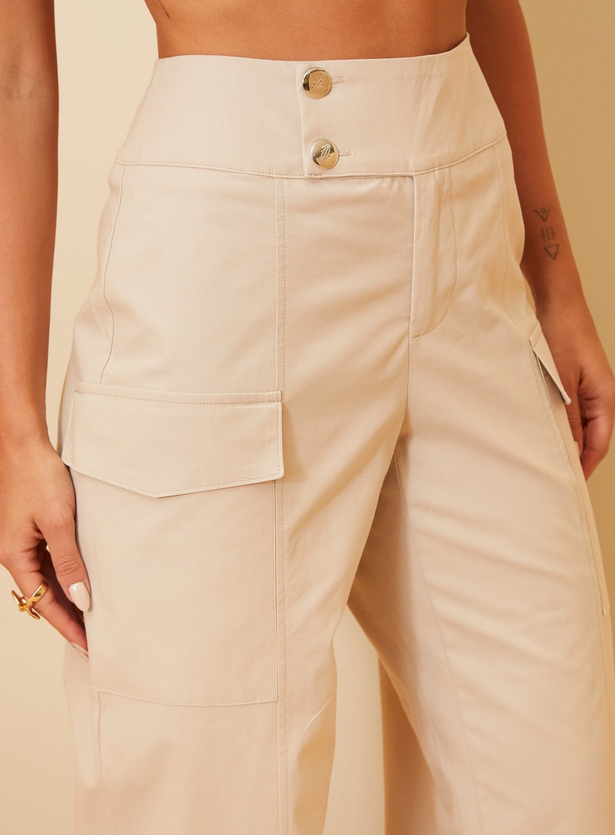 Calça Feminina Pantalona Cargo De Cintura Alta Bege 3