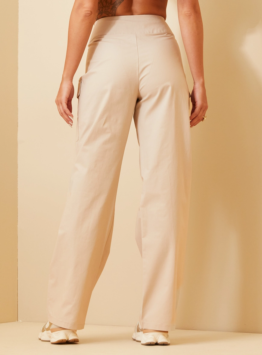 Calça Feminina Pantalona Cargo De Cintura Alta Bege 4