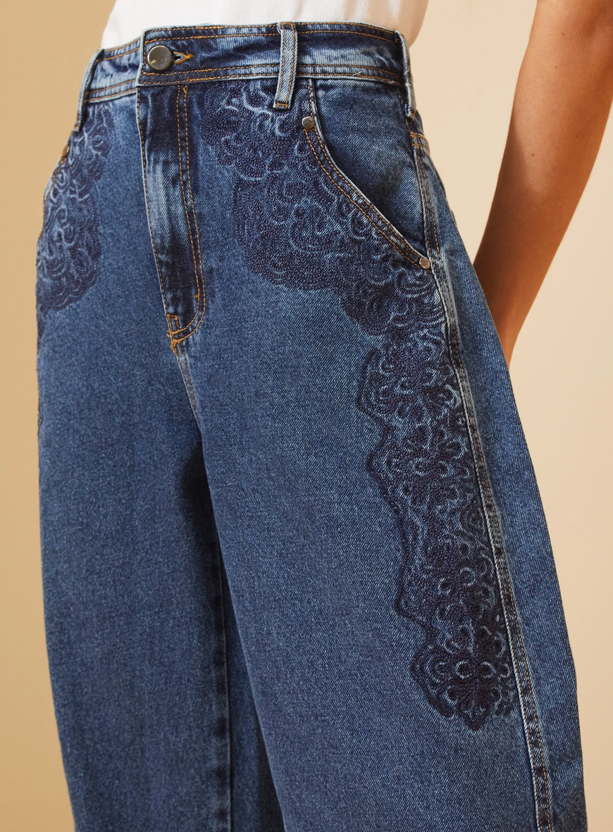 Calça Feminina Jeans Bordada - Barrel Índigo 3