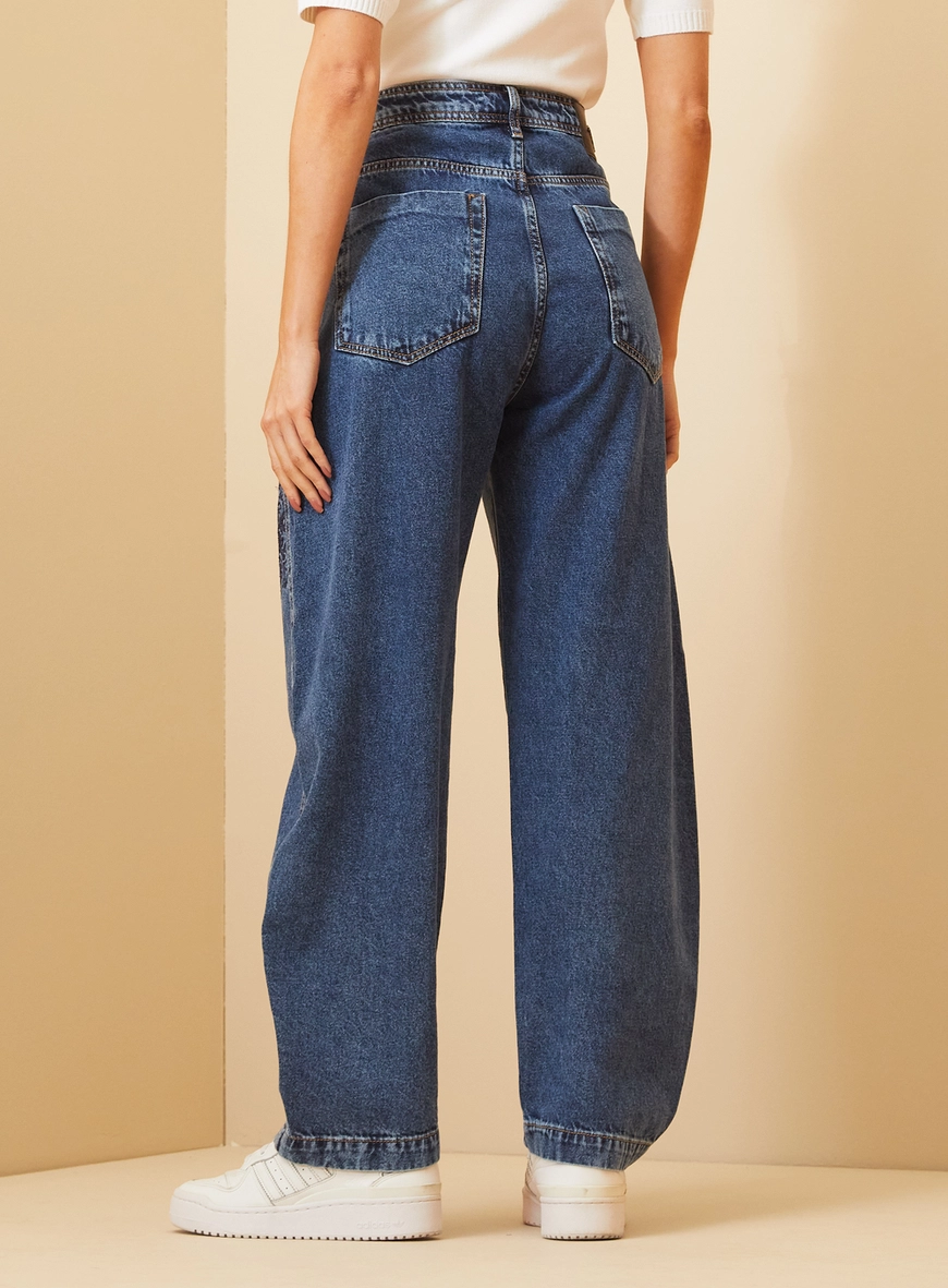 Calça Feminina Jeans Bordada - Barrel Índigo 4