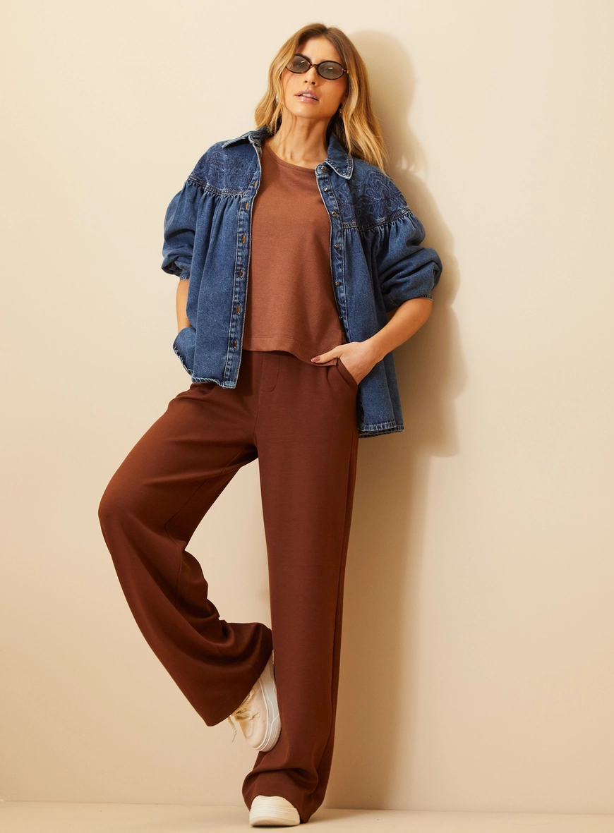 Calça Feminina Wide Leg Canelada Marrom 1