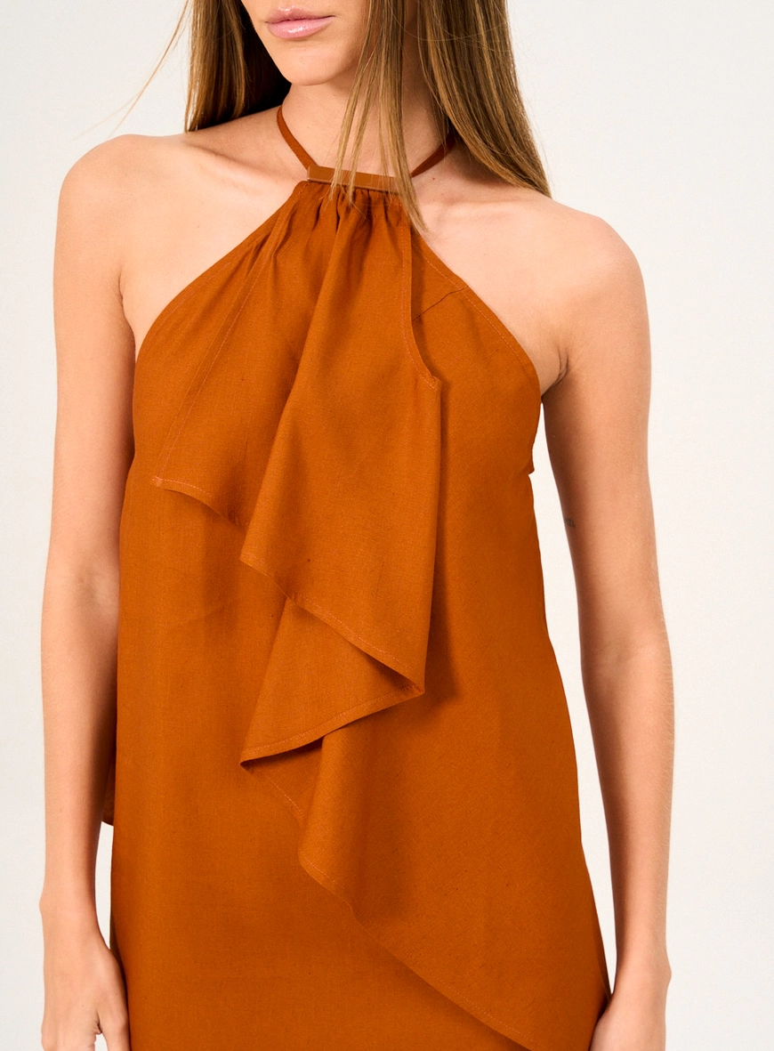 Vestido Curto Halter Com Babado Frontal Marrom Zeus 3