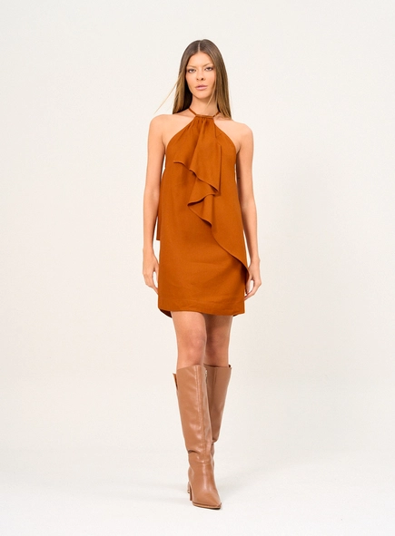 Vestido Curto Halter Com Babado Frontal