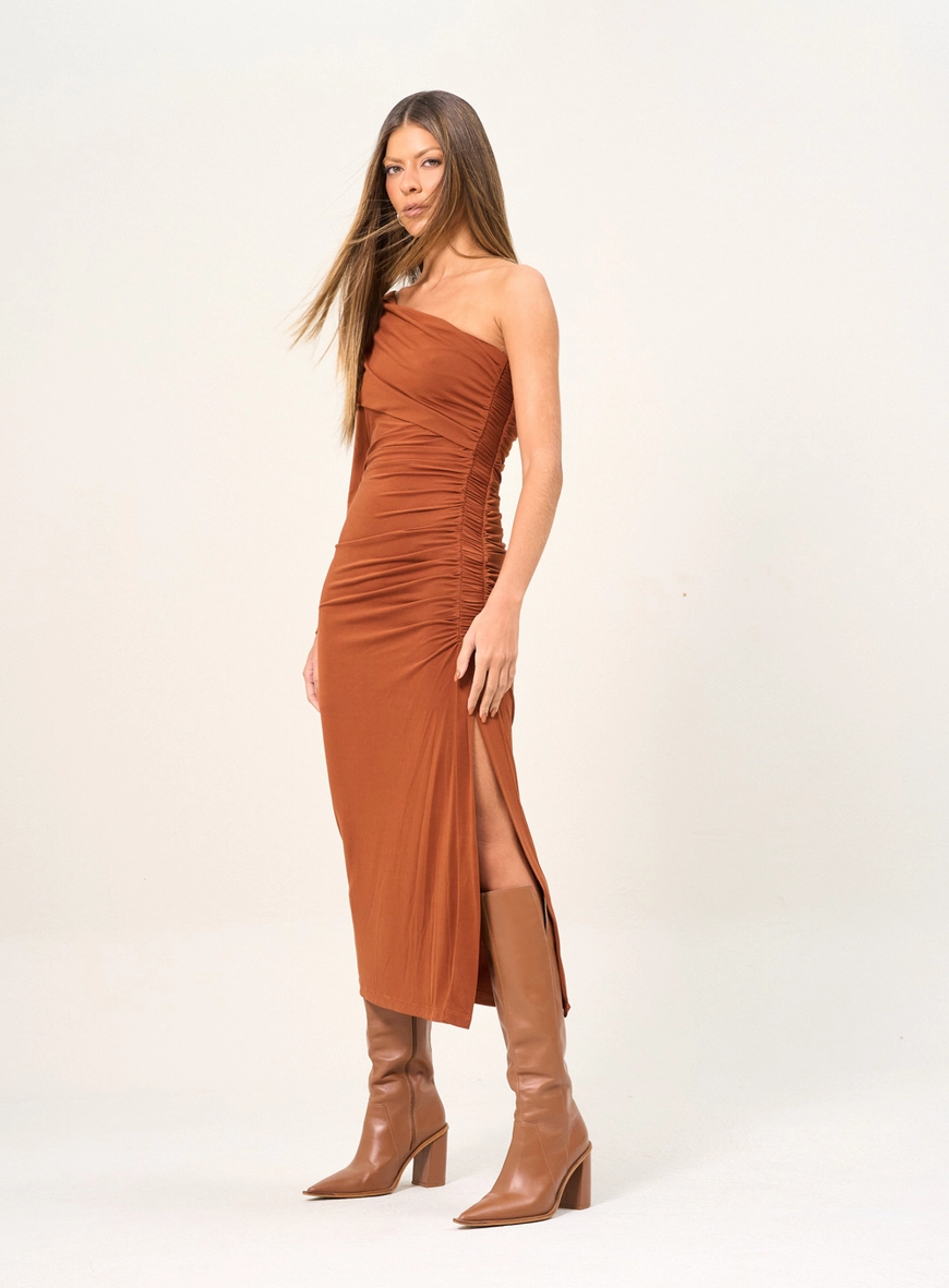 Vestido Feminino Midi Manga Única Marrom Zeus 1