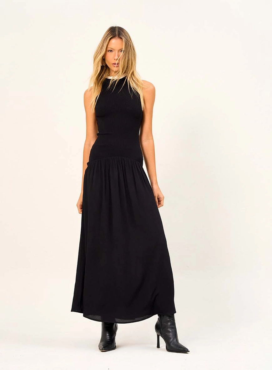 Vestido Longo Regata Com Saia Plissada Preto 1