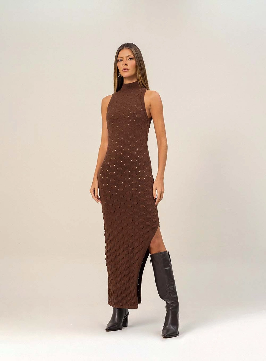 Vestido Gola Alta Com Textura Marrom 1