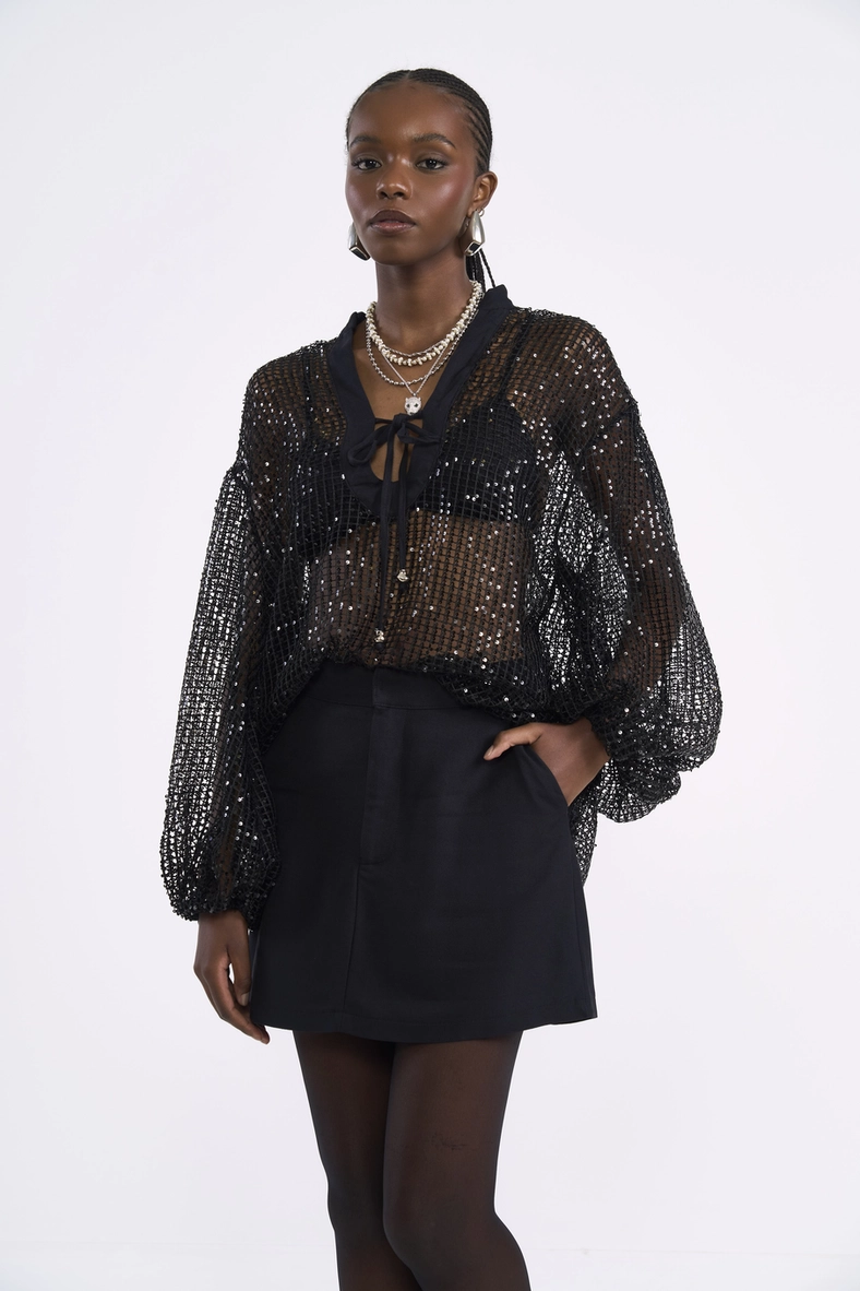 Blusa Em Tela Com Paetê E Transparência