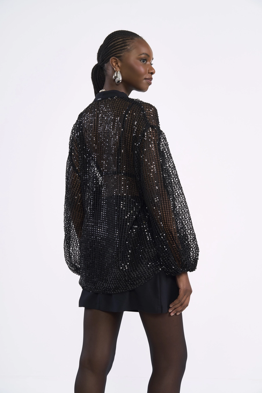 Blusa Em Tela Com Paetê E Transparência Preto