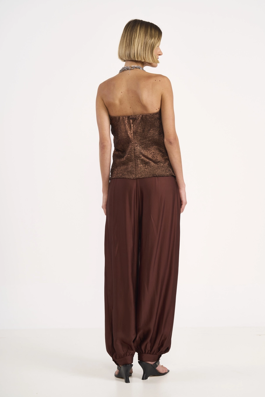 Blusa Feminina Tomara Que Caia Metalizada Marrom