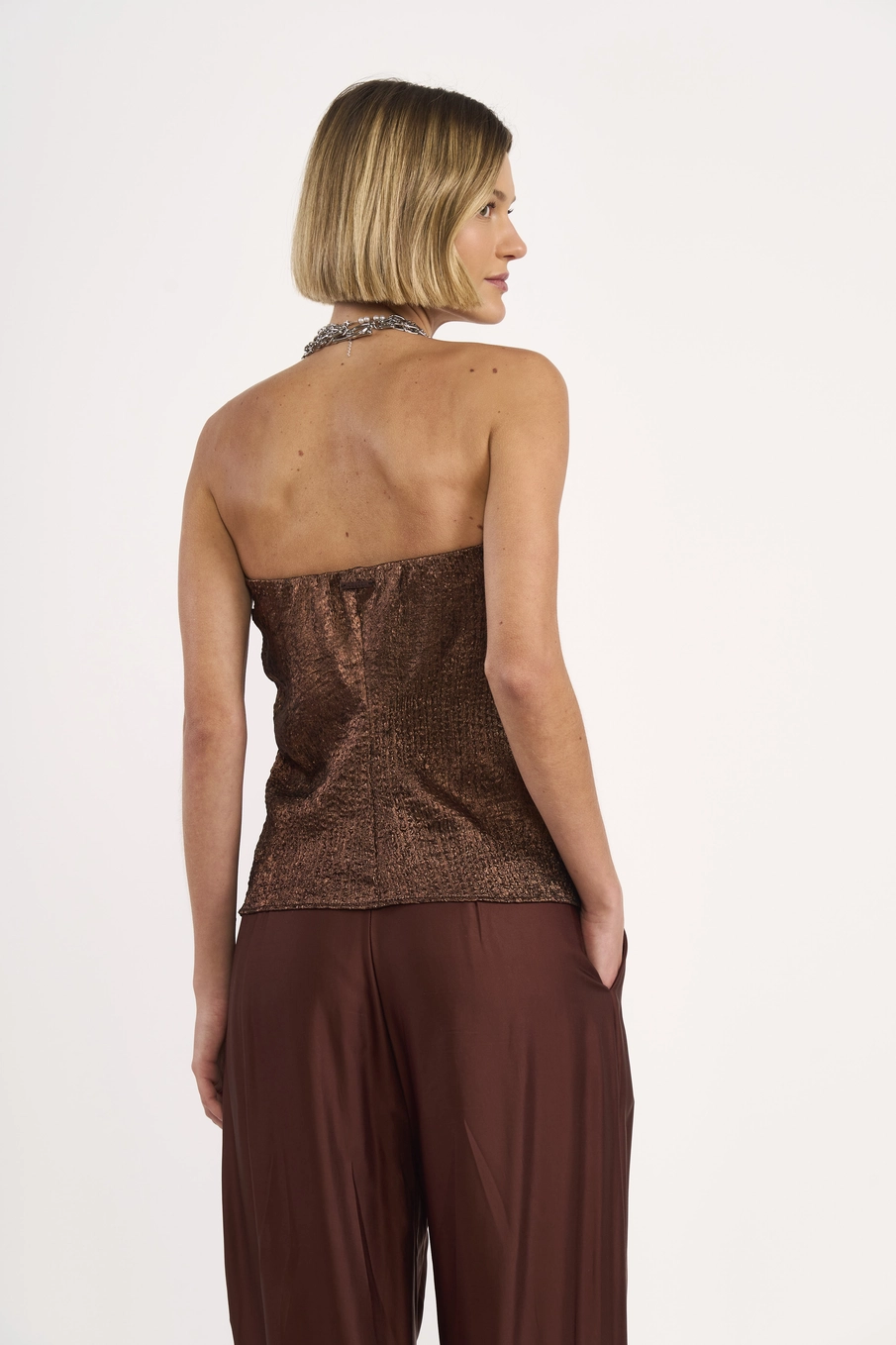 Blusa Feminina Tomara Que Caia Metalizada Marrom
