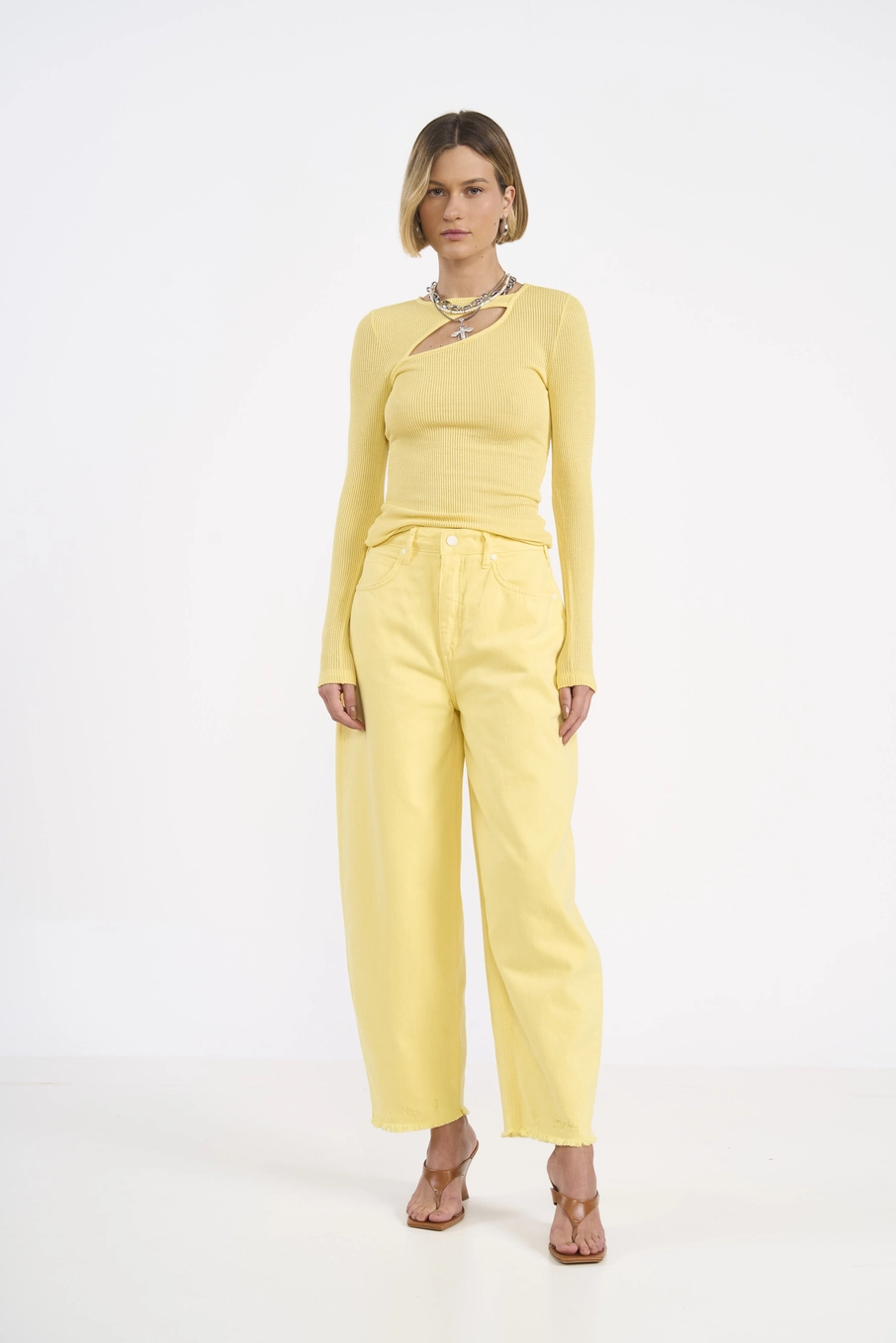 Blusa Feminina Manga Longa Canelada Cut Out Amarelo