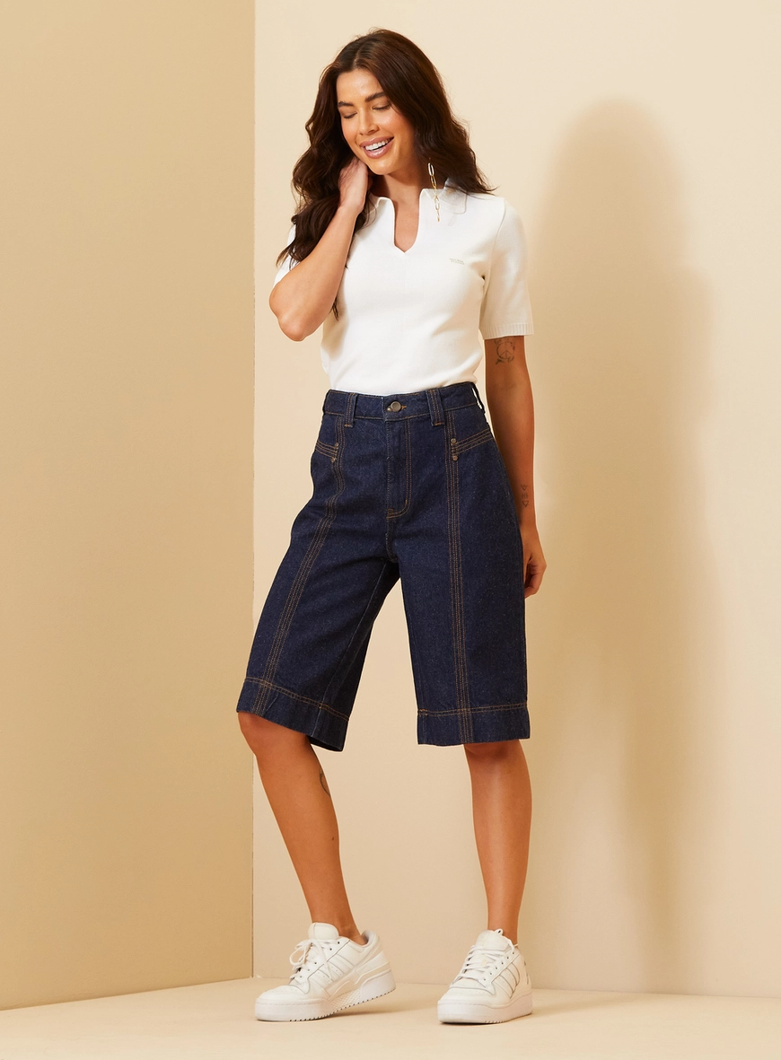 Bermuda Jeans Feminina Com Recortes - Maite Índigo 1
