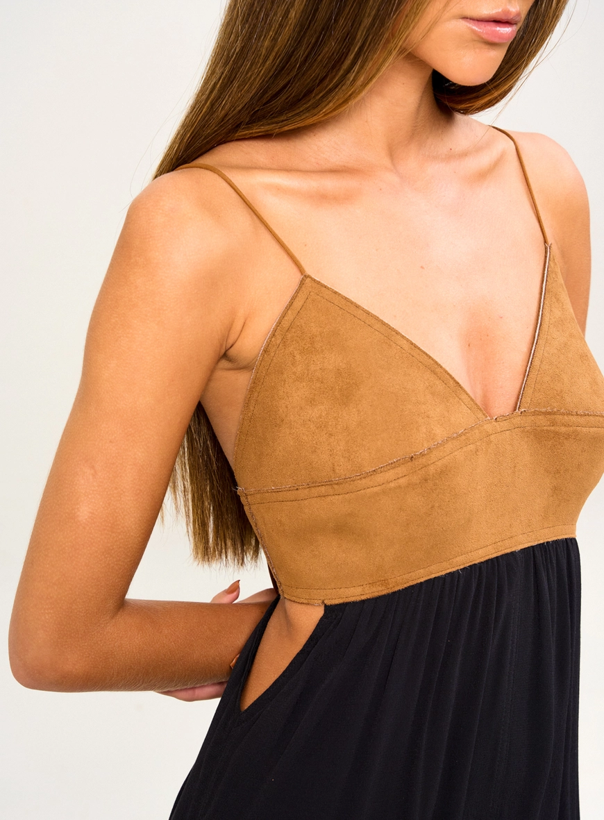 Vestido Longo De Alças Com Recorte Bicolor Preto 3