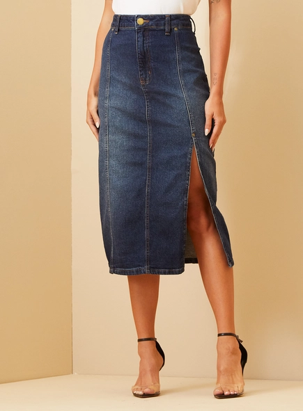 Saia Jeans Midi Com Recortes Verticais - Stella