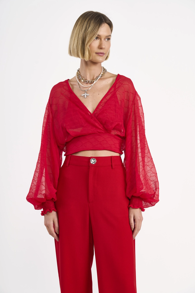 Blusa Cropped Transpassada Manga Bufante