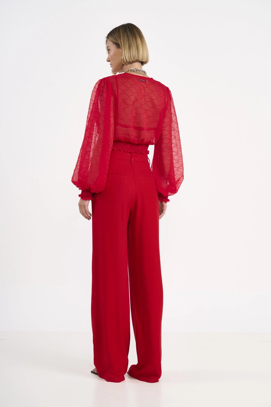 Blusa Cropped Transpassada Manga Bufante Vermelho