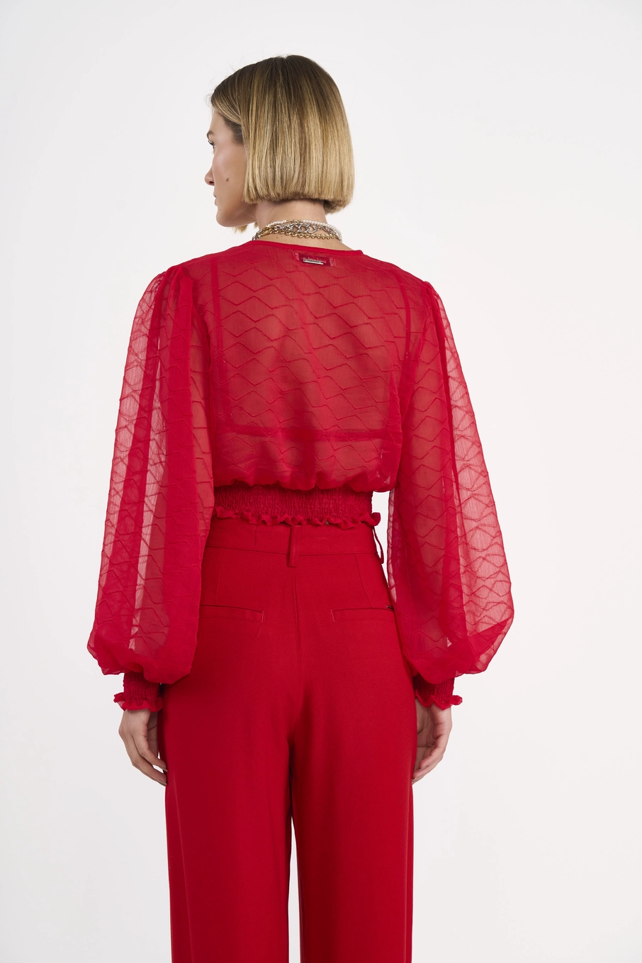 Blusa Cropped Transpassada Manga Bufante Vermelho