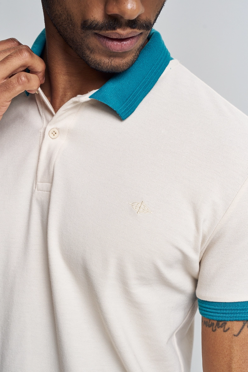 Polo Masculina Gola E Punhos Contrastantes - Fit Bege Italian 3