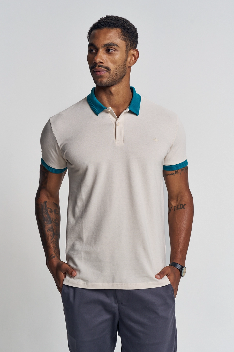 Polo Masculina Gola E Punhos Contrastantes - Fit Bege Italian 1