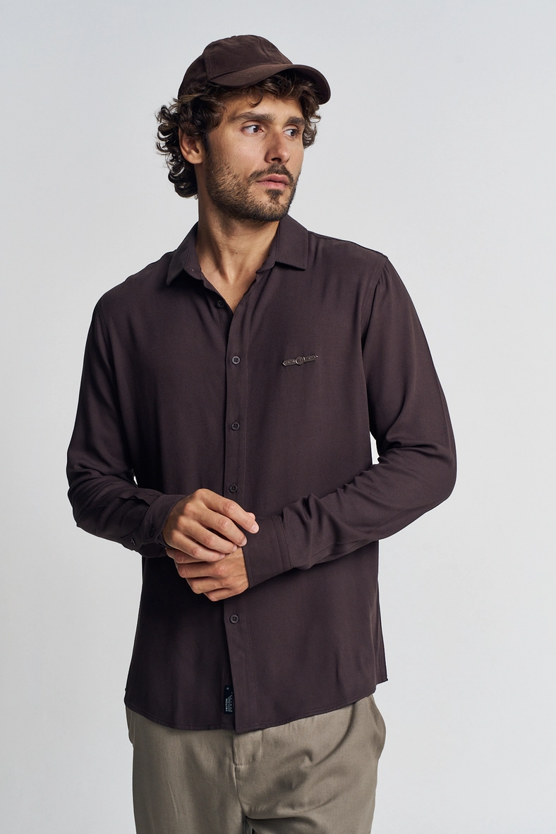 Camisa Masculina Com Aplicação Frontal - Casual Marrom 2