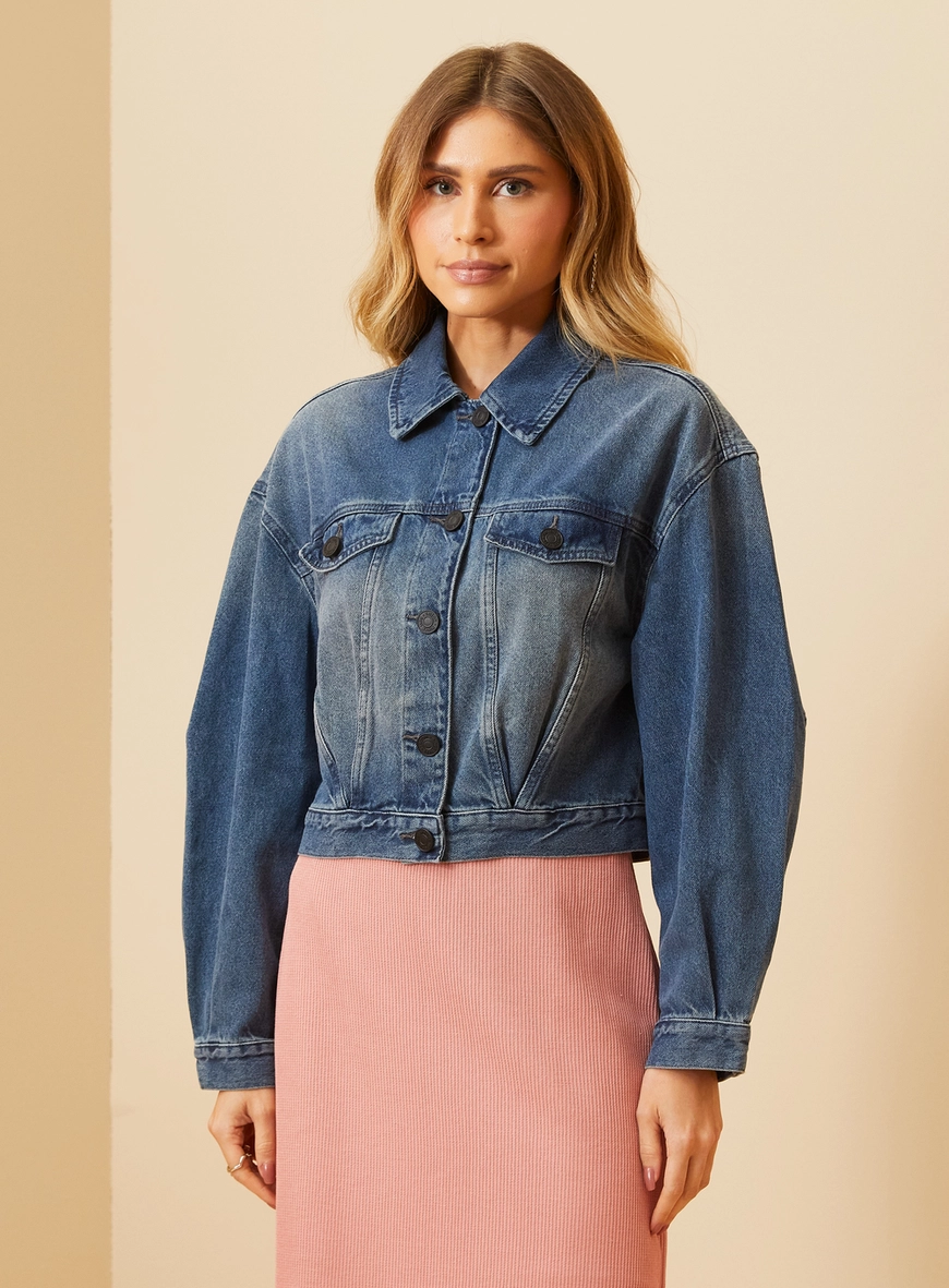 Jaqueta Jeans Feminina Com Recortes - Cropped Índigo 2