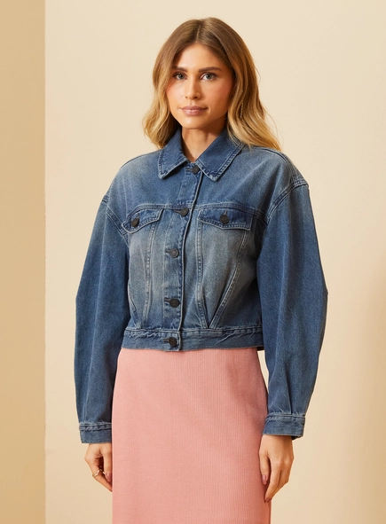 Jaqueta Jeans Feminina Com Recortes - Cropped