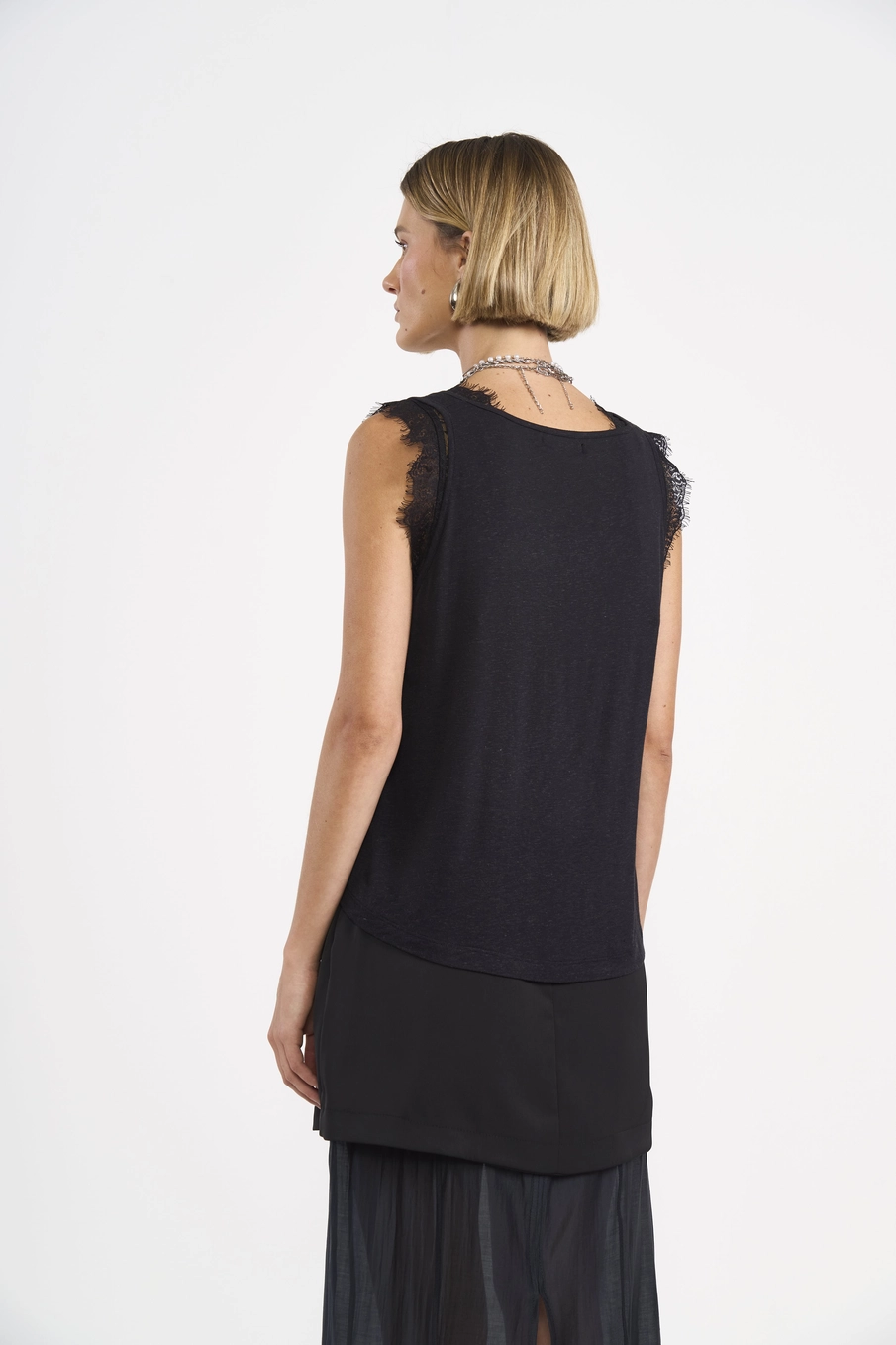 Blusa Regata De Viscose E Linho Com Renda Preto
