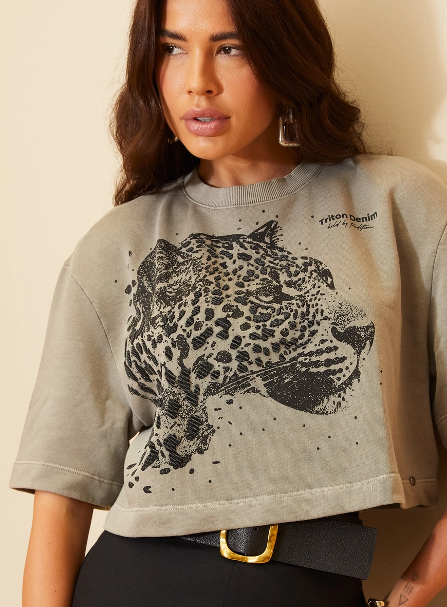 Camiseta Feminina Cropped Estampa Animal Print Cinza 3
