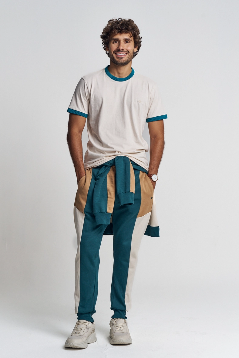 Camiseta Masculina Bicolor Com Contrastantes Bege Italian 1