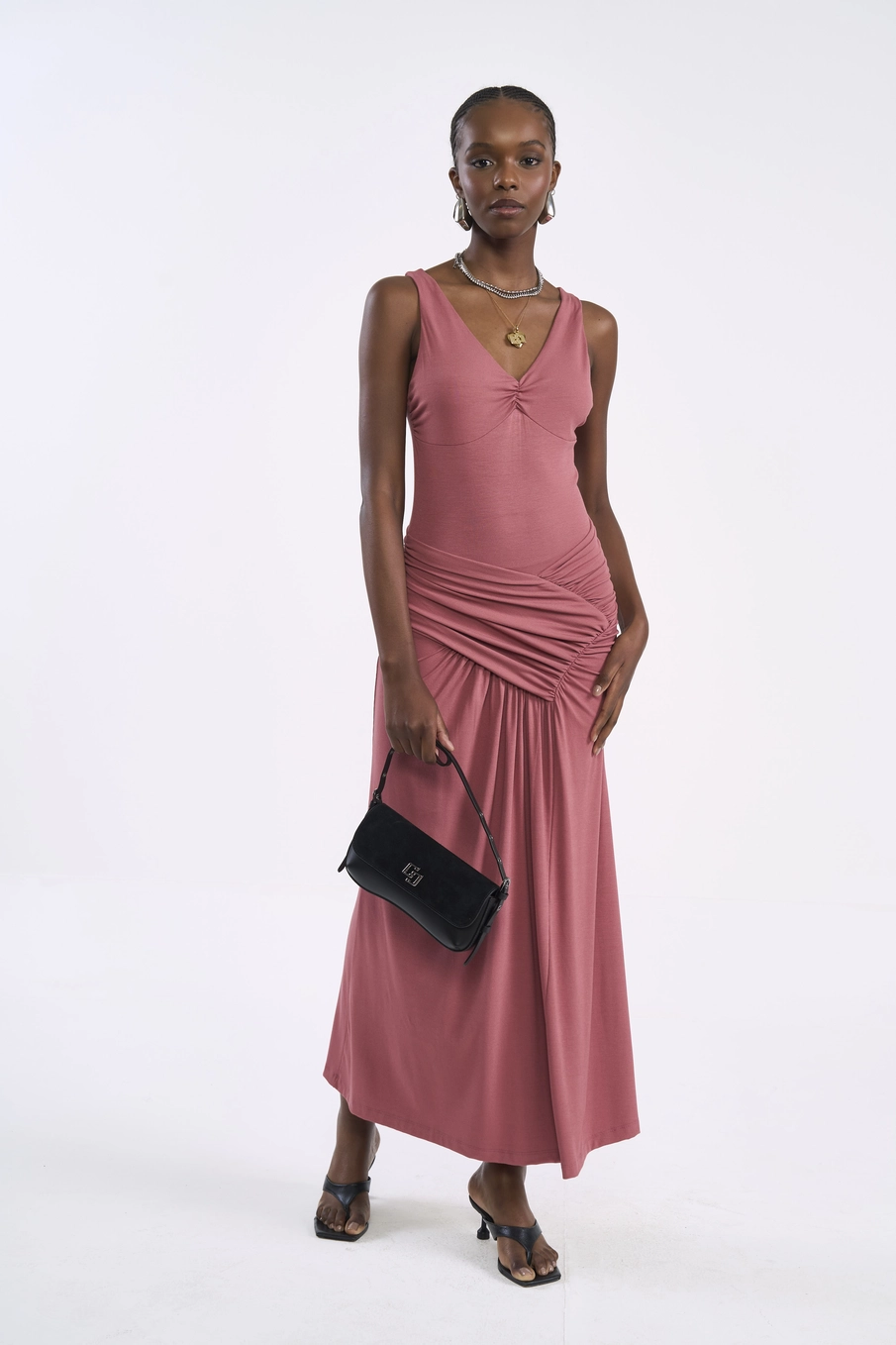 Vestido Midi Drapê Rosa Rosa