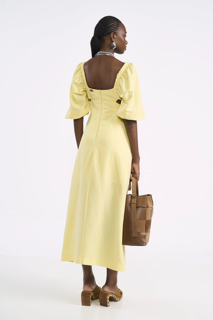 Vestido Midi De Linho Com Recortes Amarelo