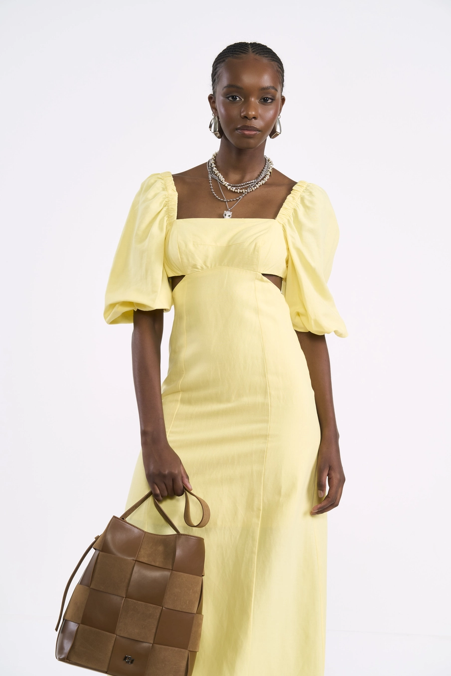 Vestido Midi De Linho Com Recortes Amarelo