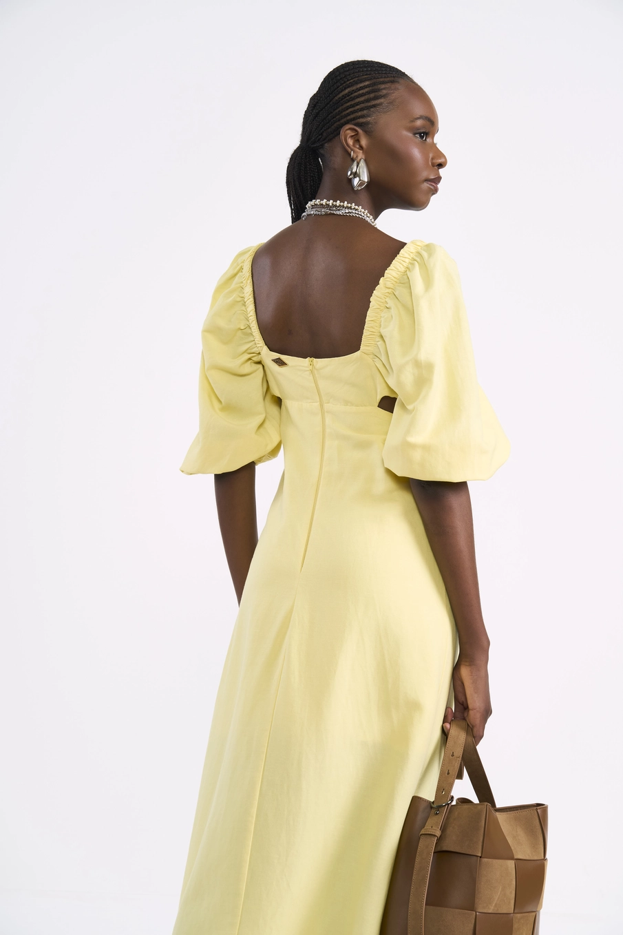 Vestido Midi De Linho Com Recortes Amarelo
