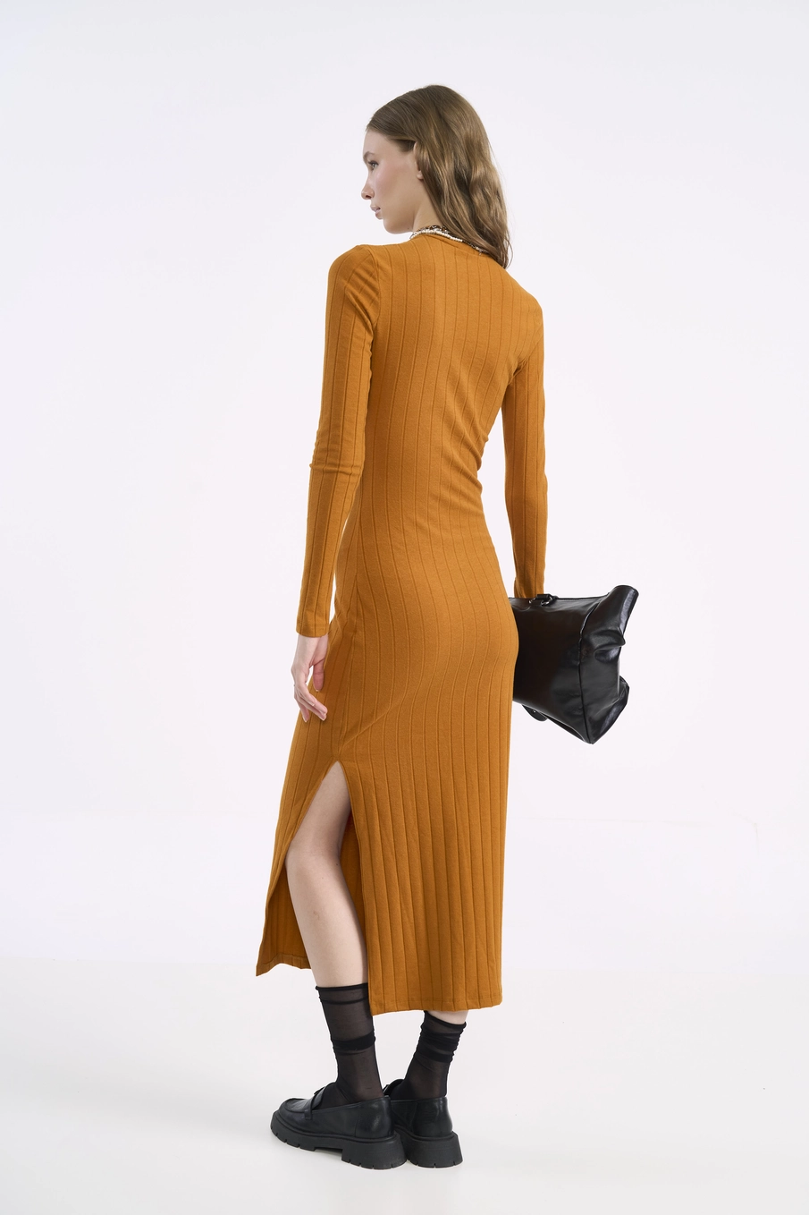 Vestido Midi Canelado Manga Longa Essence Amarelo Pumpkin