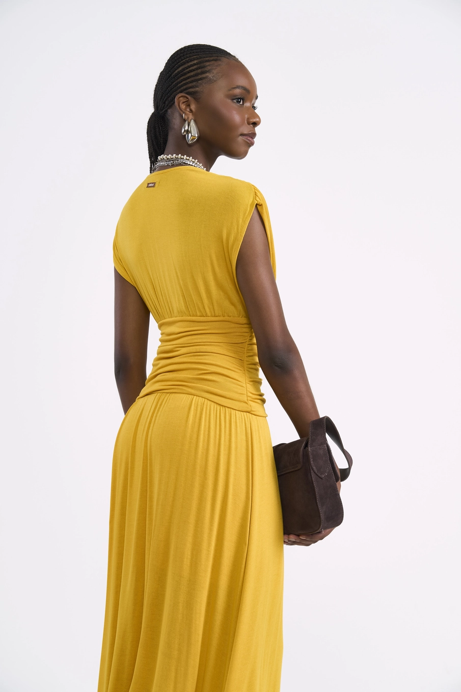 Vestido Midi Drapê Escultural Amarelo