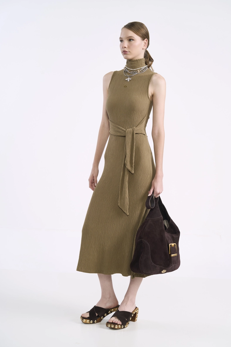 Vestido Midi Canelado Com Amarração