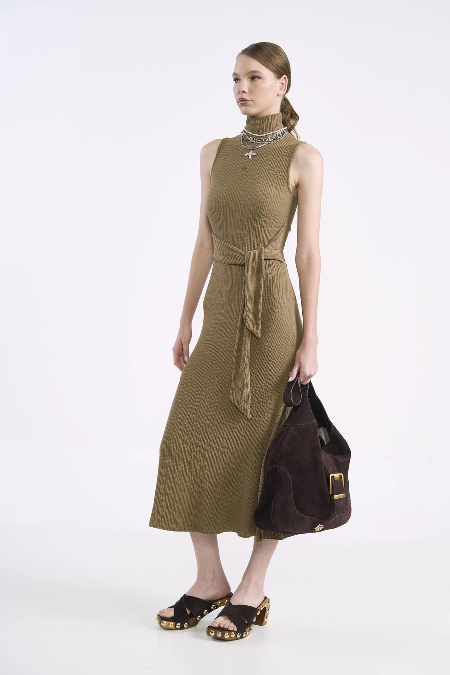 Vestido Midi Canelado Com Amarração Bege Misk