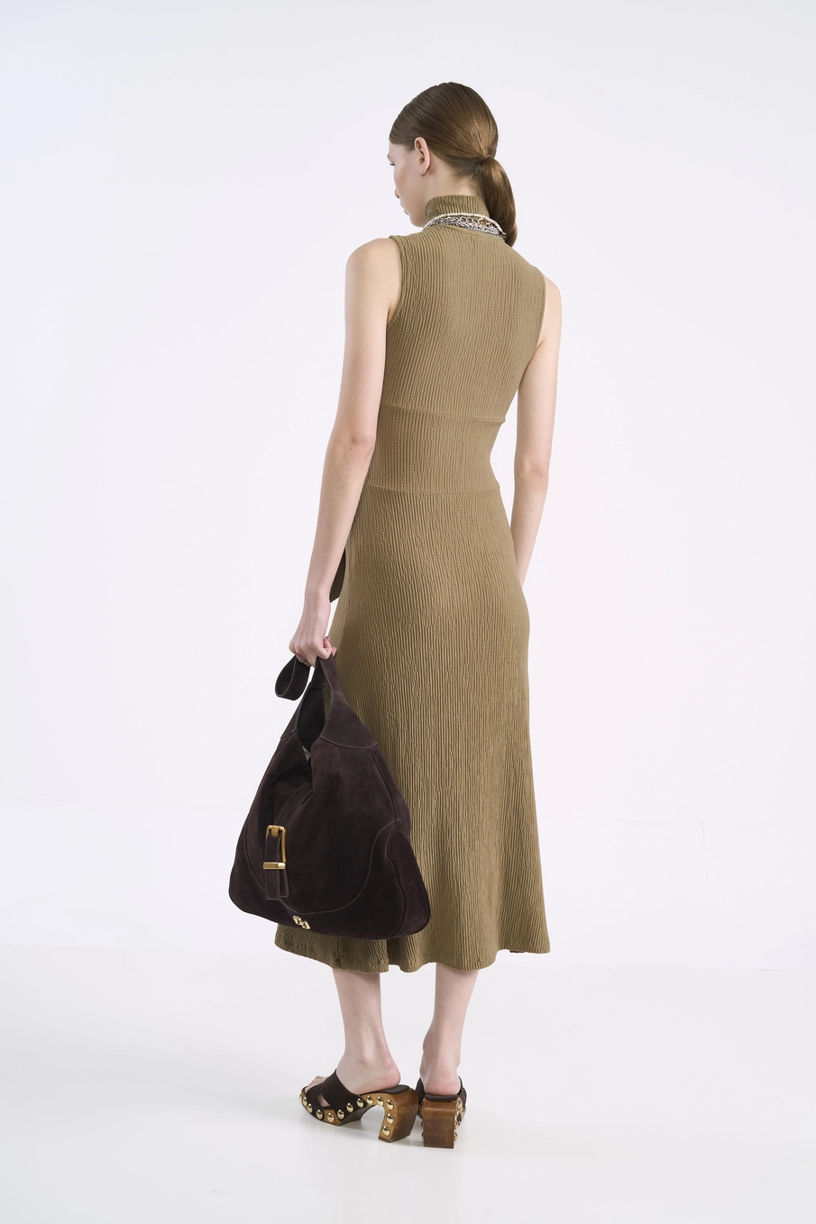 Vestido Midi Canelado Com Amarração Bege Misk