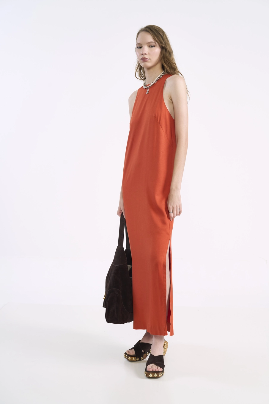 Vestido Maxi Reto Nostalgic Em Viscose Laranja
