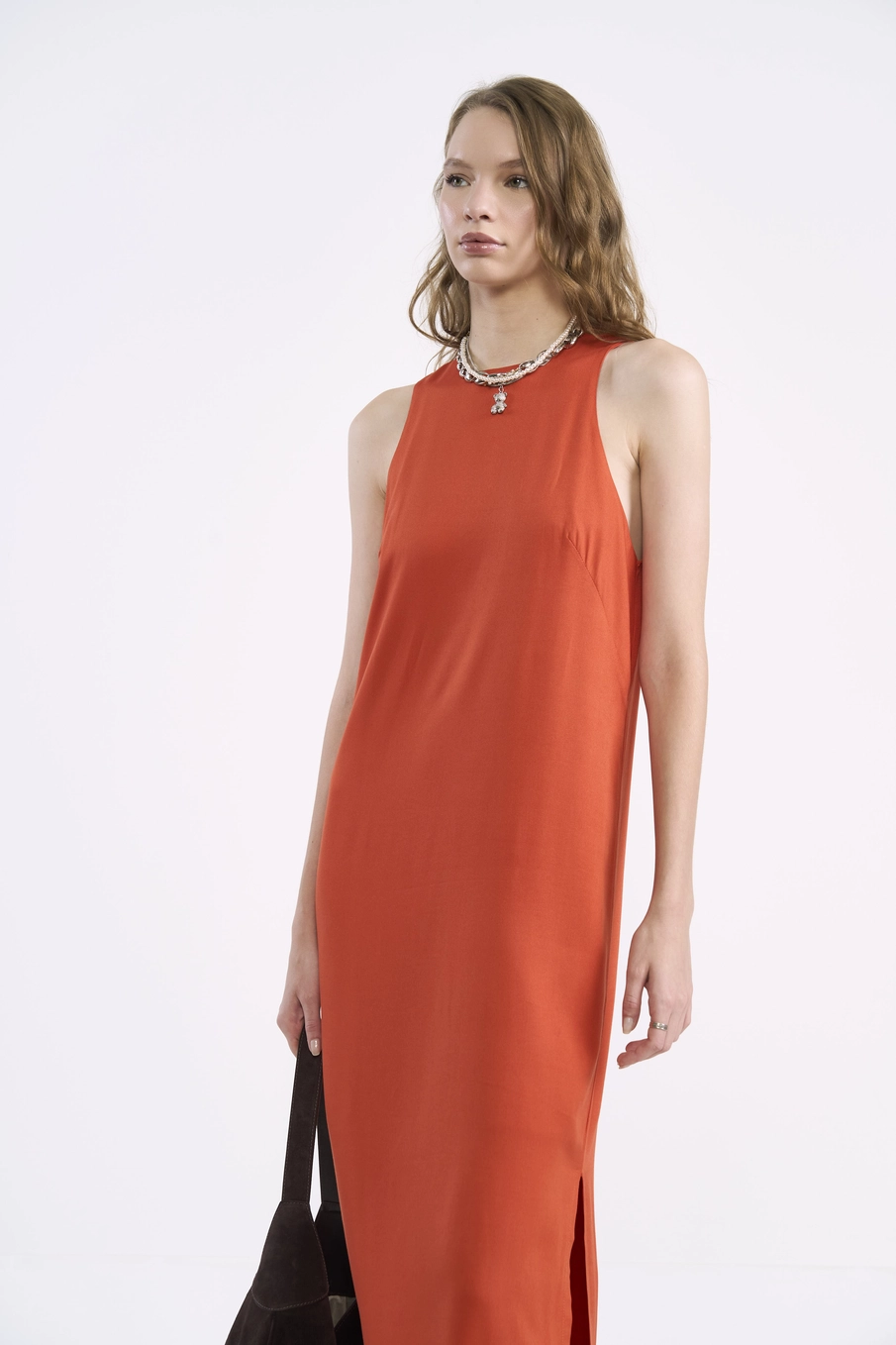 Vestido Maxi Reto Nostalgic Em Viscose Laranja