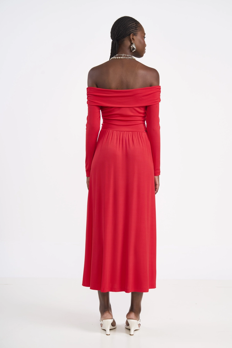 Vestido Midi Ombro A Ombro Franzido Vermelho