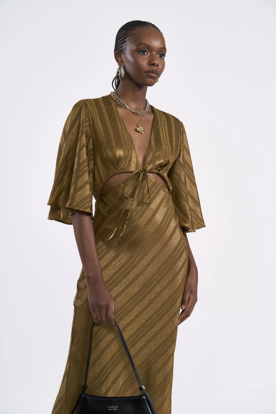 Vestido Midi Decote V Com Amarração Marrom