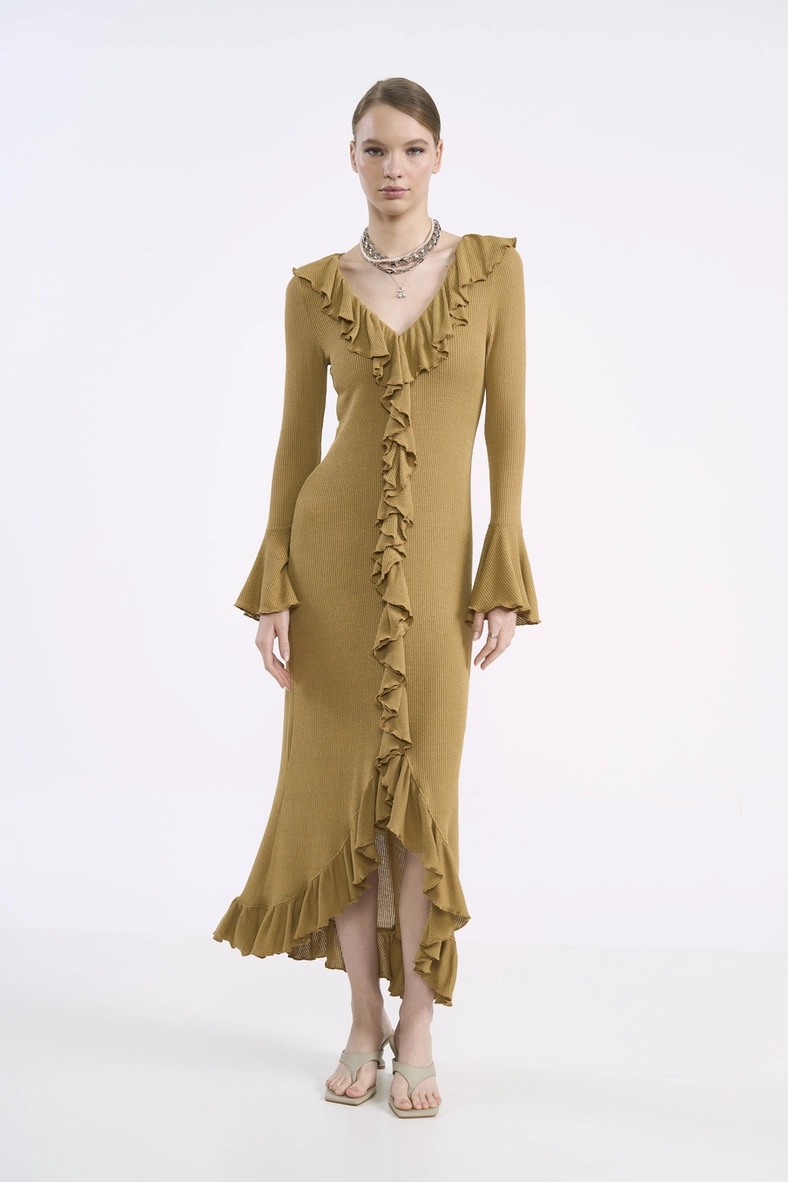 Vestido Midi Canelado Com Babados