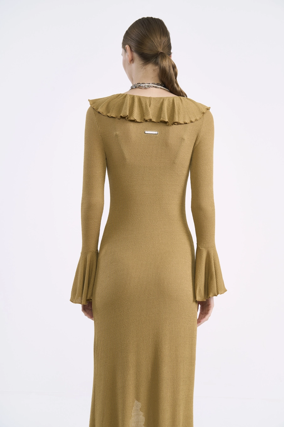 Vestido Midi Canelado Com Babados Bege Soybean